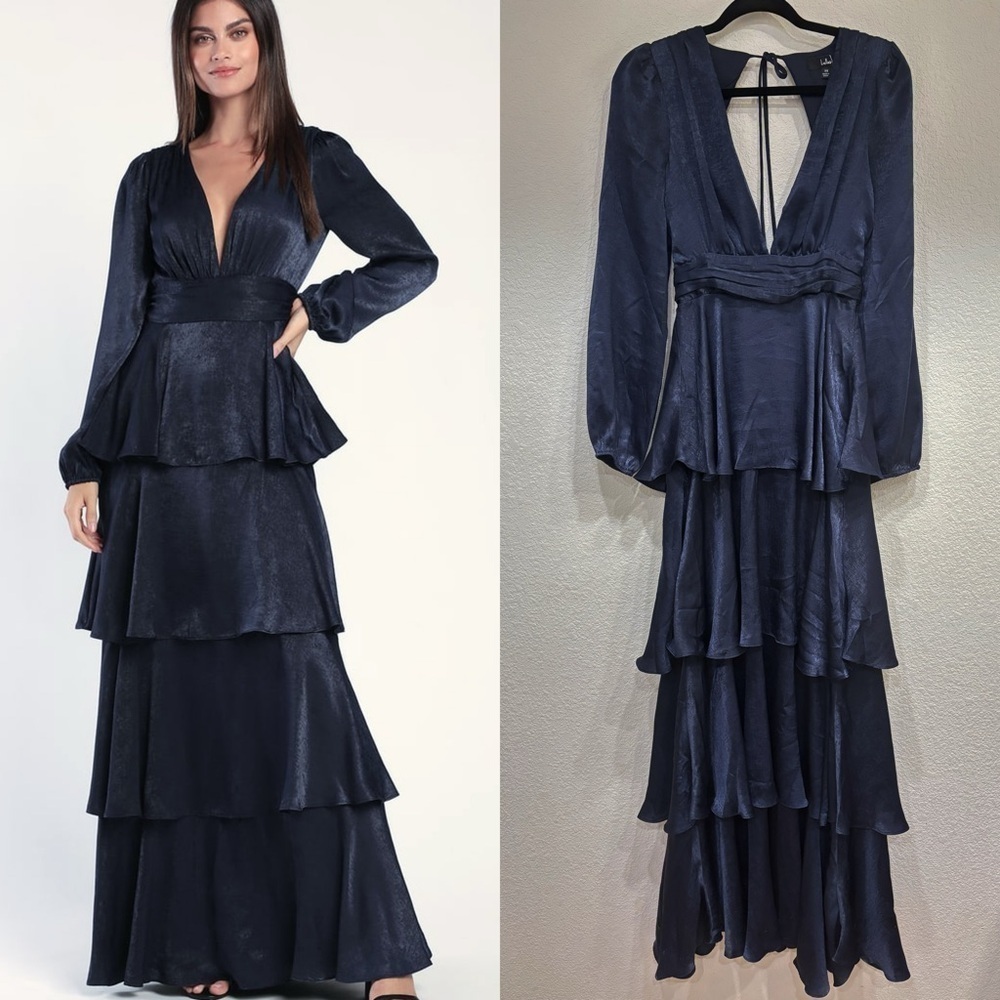Size‎ XS Lulus Tier For Love Navy Blue Satin Long Sleeve Tiered Maxi Dress